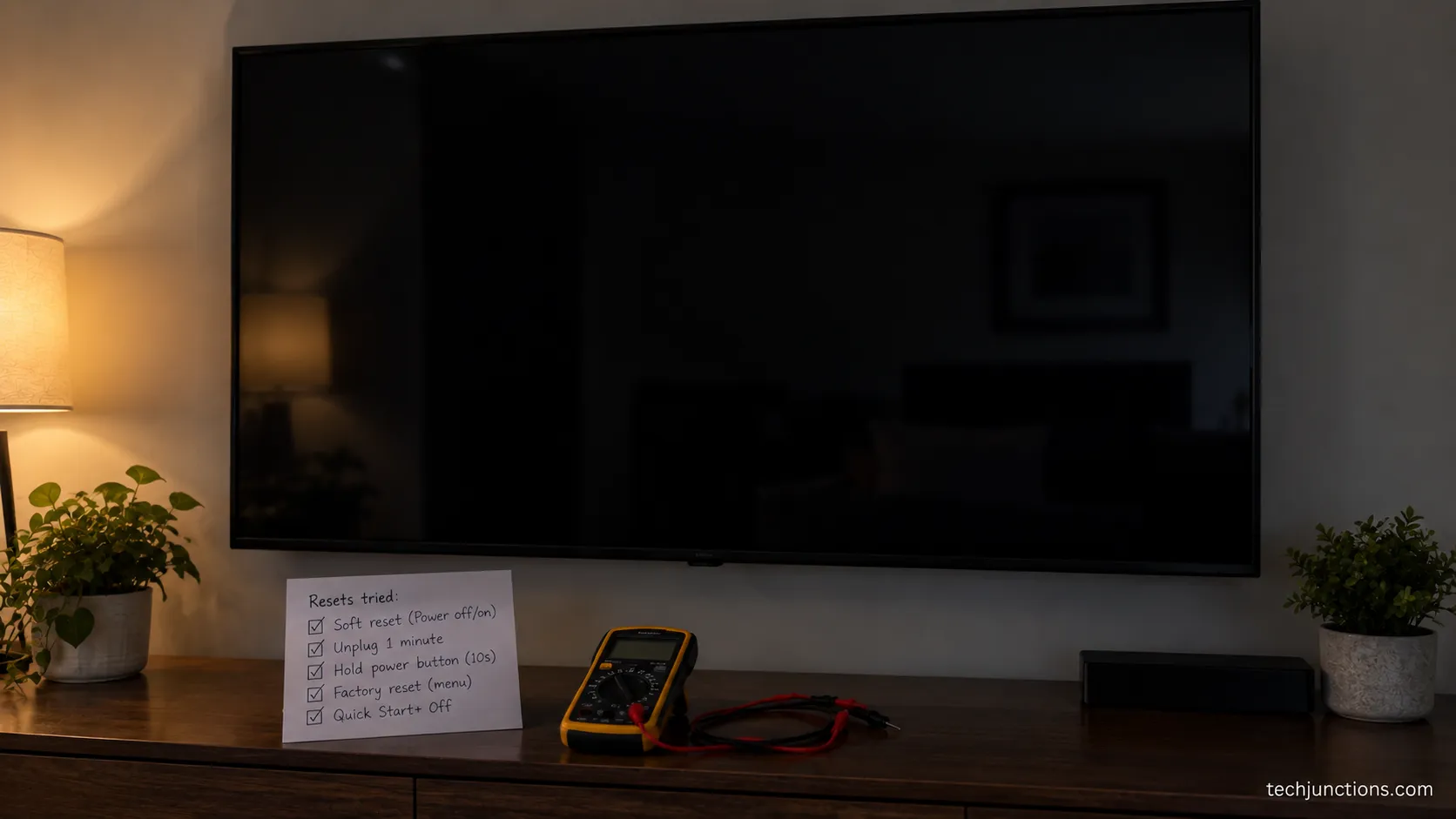 LG TV stuck on a black screen after repeated resets, indicating a hardware fault