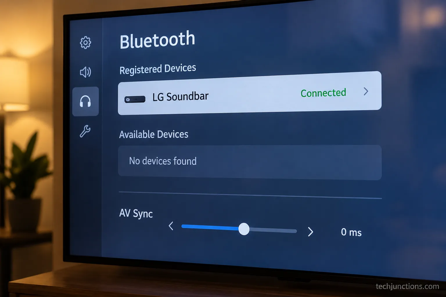 LG TV Bluetooth device list showing an LG soundbar connected with the AV sync setting.