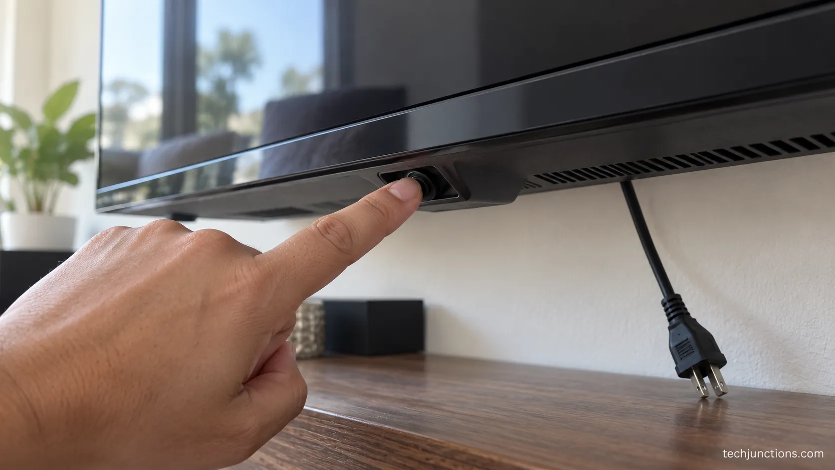 Finger pressing the physical power button under an unplugged LG TV