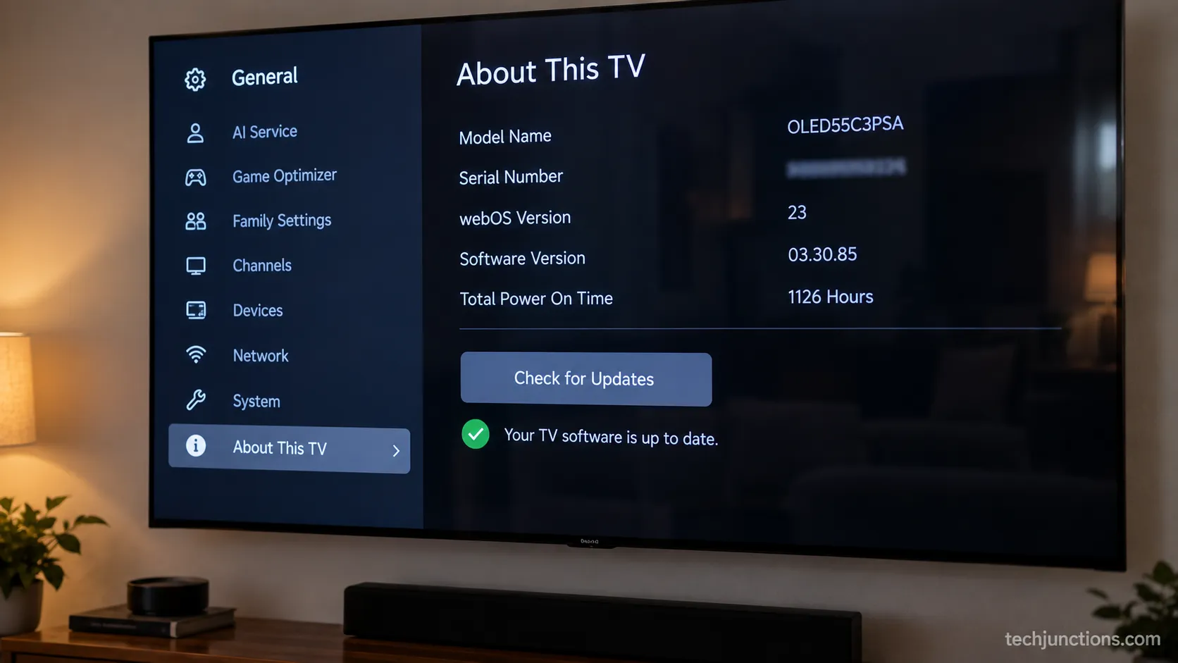 LG webOS About This TV screen showing the current software version