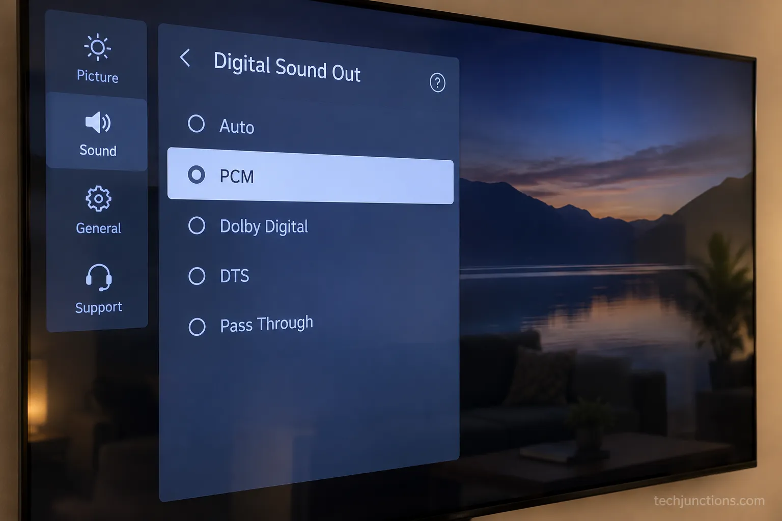LG TV Digital Sound Out menu set to PCM to fix optical no sound.