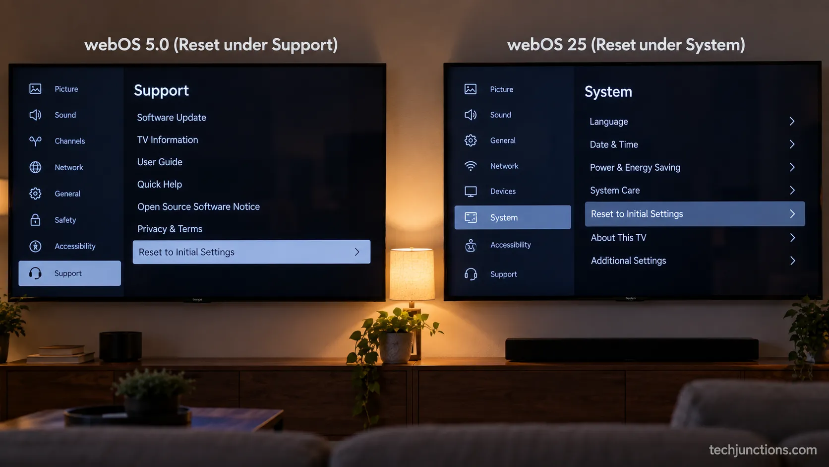 LG factory reset option under Support on webOS 5.0 and under System on webOS 25