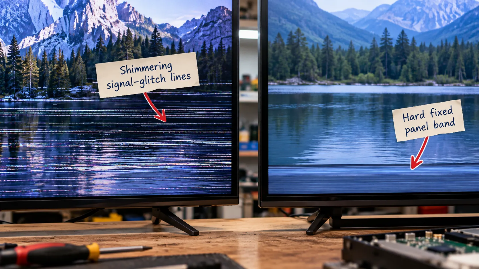 Signal-glitch line pattern versus a fixed panel band on an LG TV.
