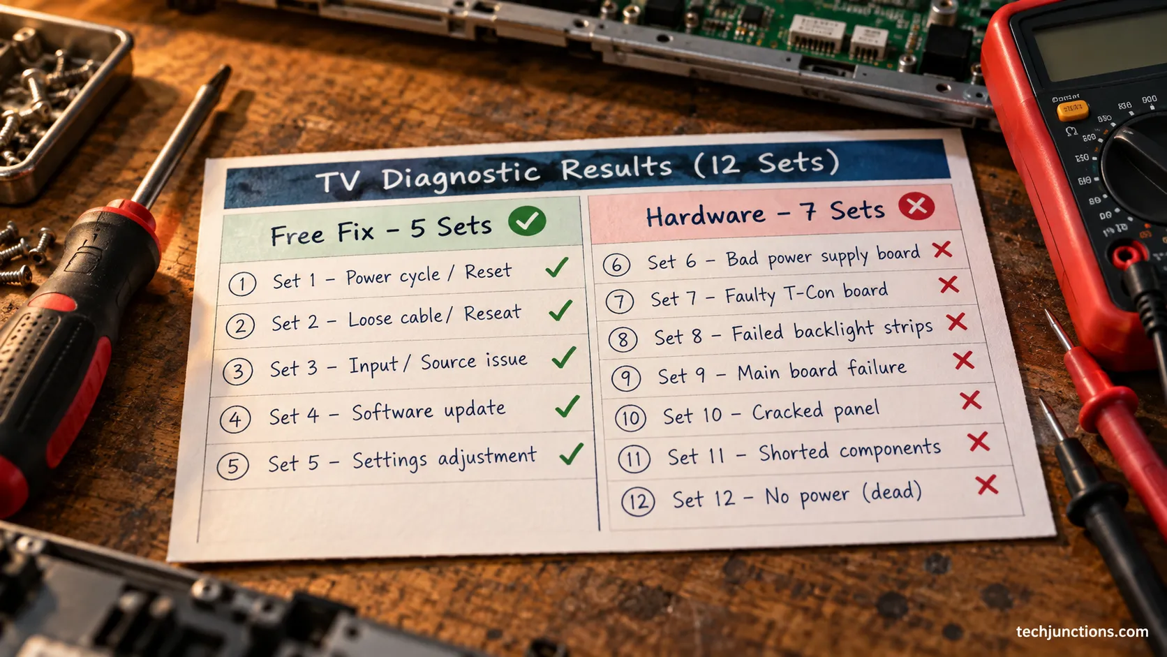 Diagnostic verdict card for LG TV horizontal lines showing a fixable versus dead-panel split.
