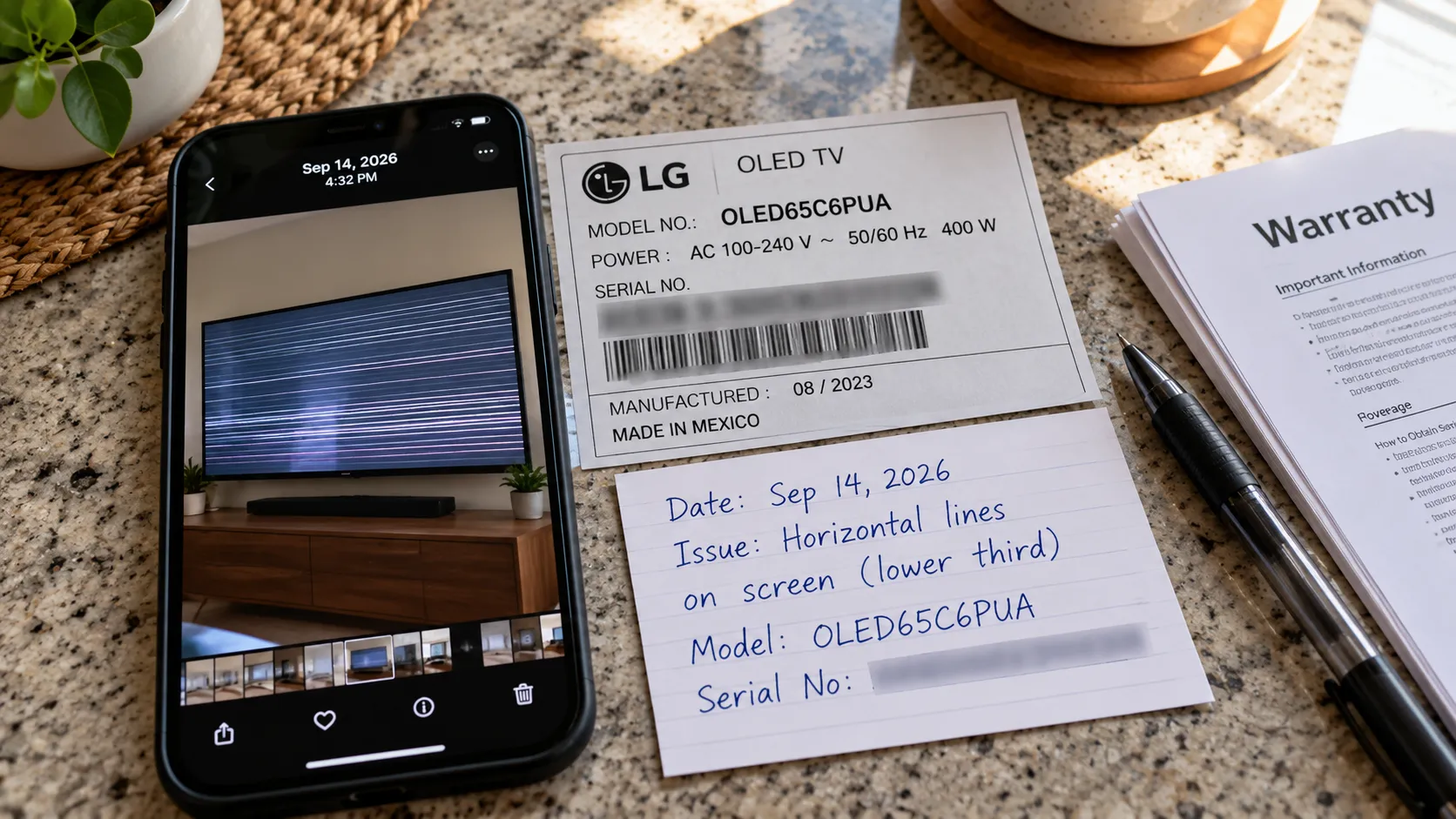 Warranty documentation for LG TV lines with a dated panel photo and model label.