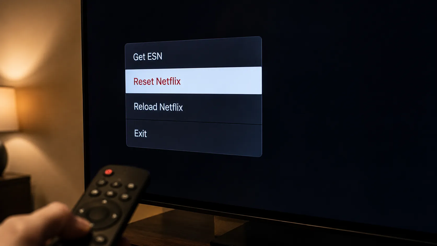 LG Smart TV displaying the hidden Netflix maintenance menu with the reset option highlighted while a hand holds the remote, illustrating the Netflix cache reset process.