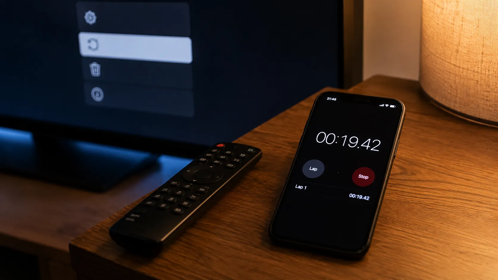 Smartphone stopwatch beside an LG TV remote showing elapsed time as the Netflix maintenance menu appears on the television, illustrating timing during the cache reset test.