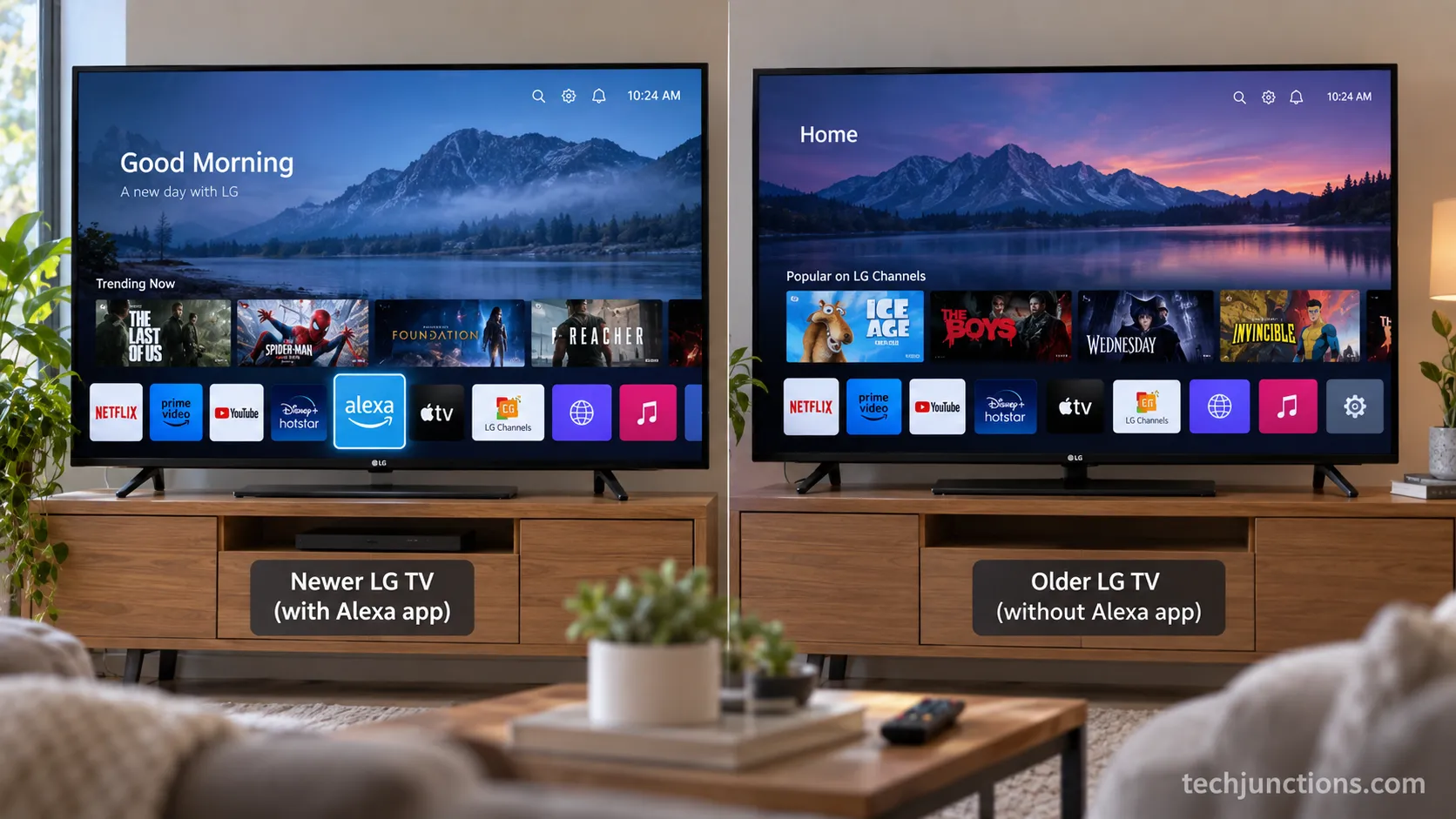 Two LG TV home rows compared, one with the Alexa app and one without.