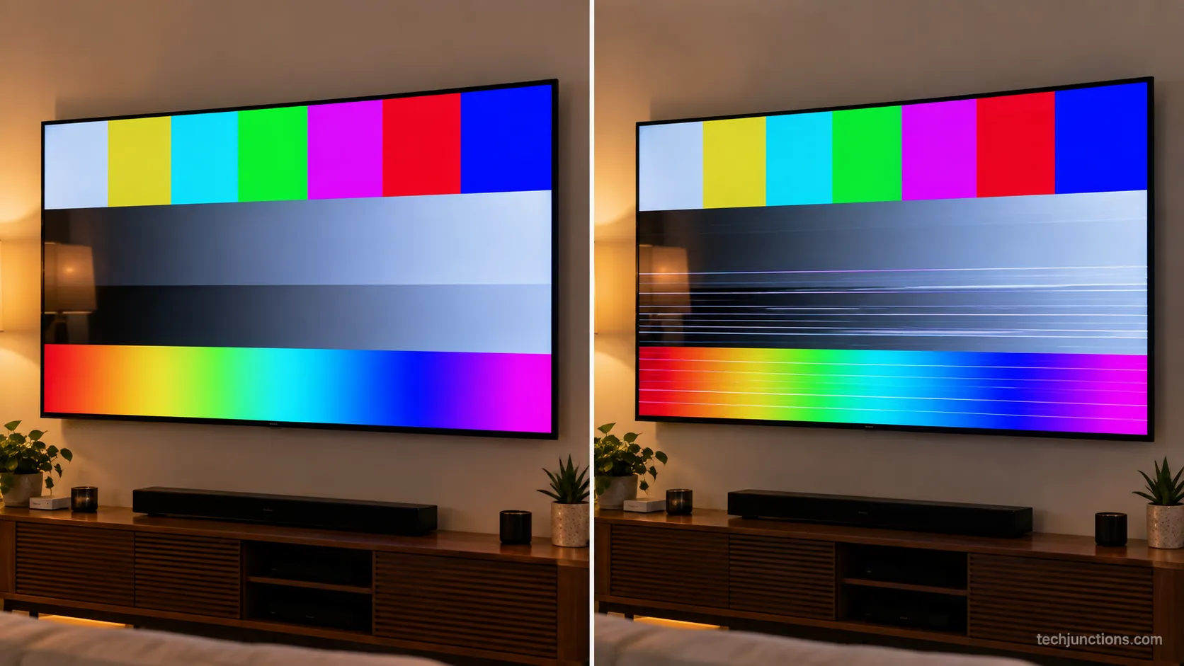 LG TV Picture Test screen showing a clean pass and a lines-present fail.
