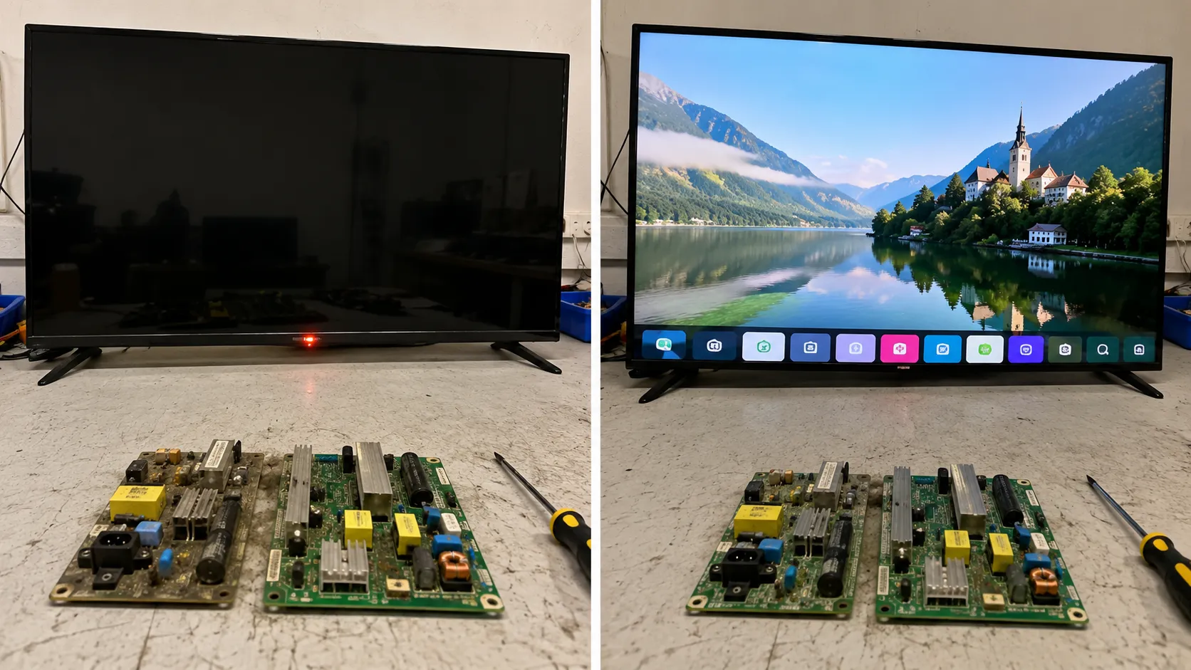 Before-and-after comparison of a 55-inch LG TV showing a red standby light before repair and a working display after power board replacement, with old and new circuit boards.