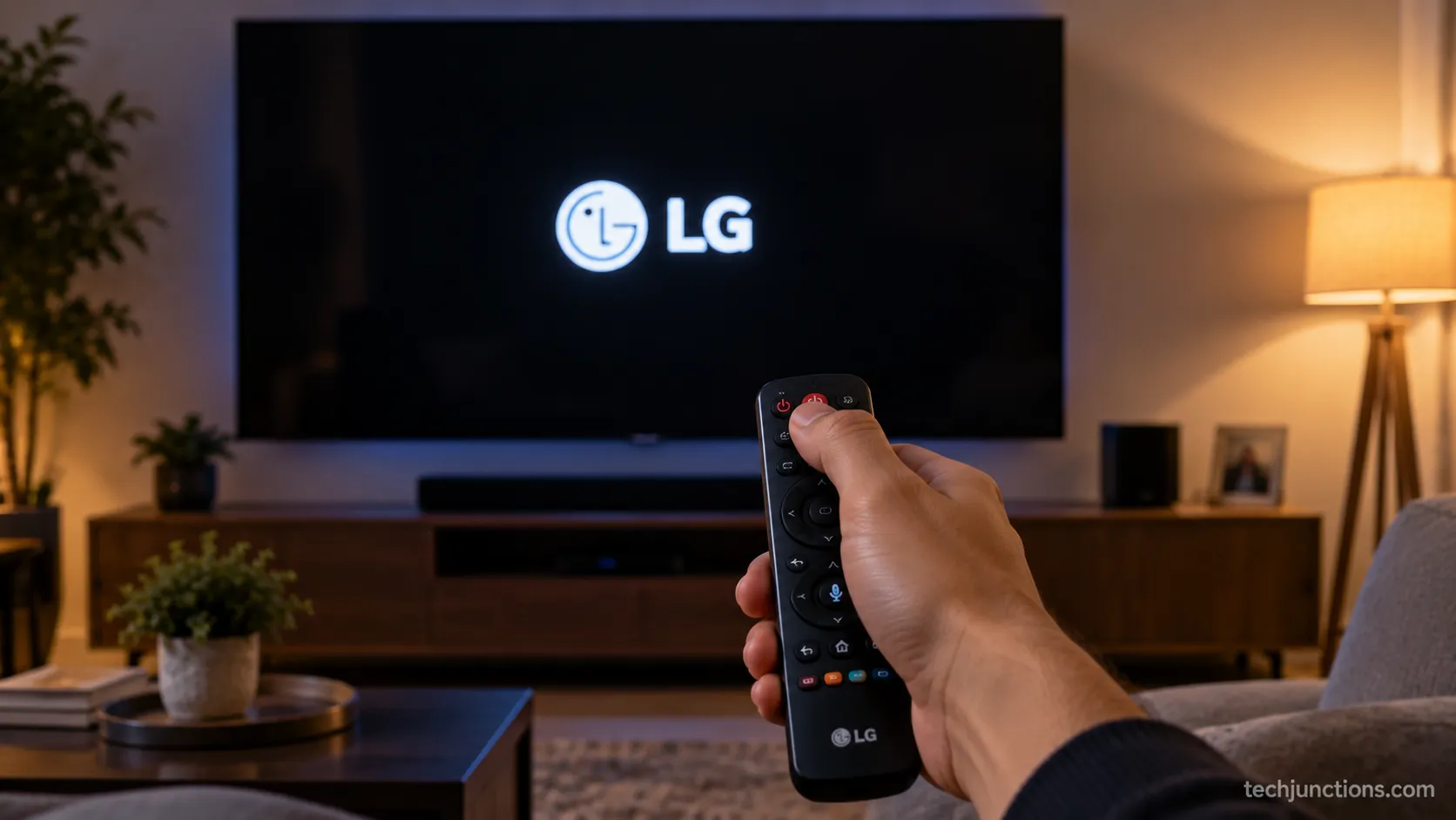 Hand holding an LG remote as the TV shows the LG boot logo during a reboot