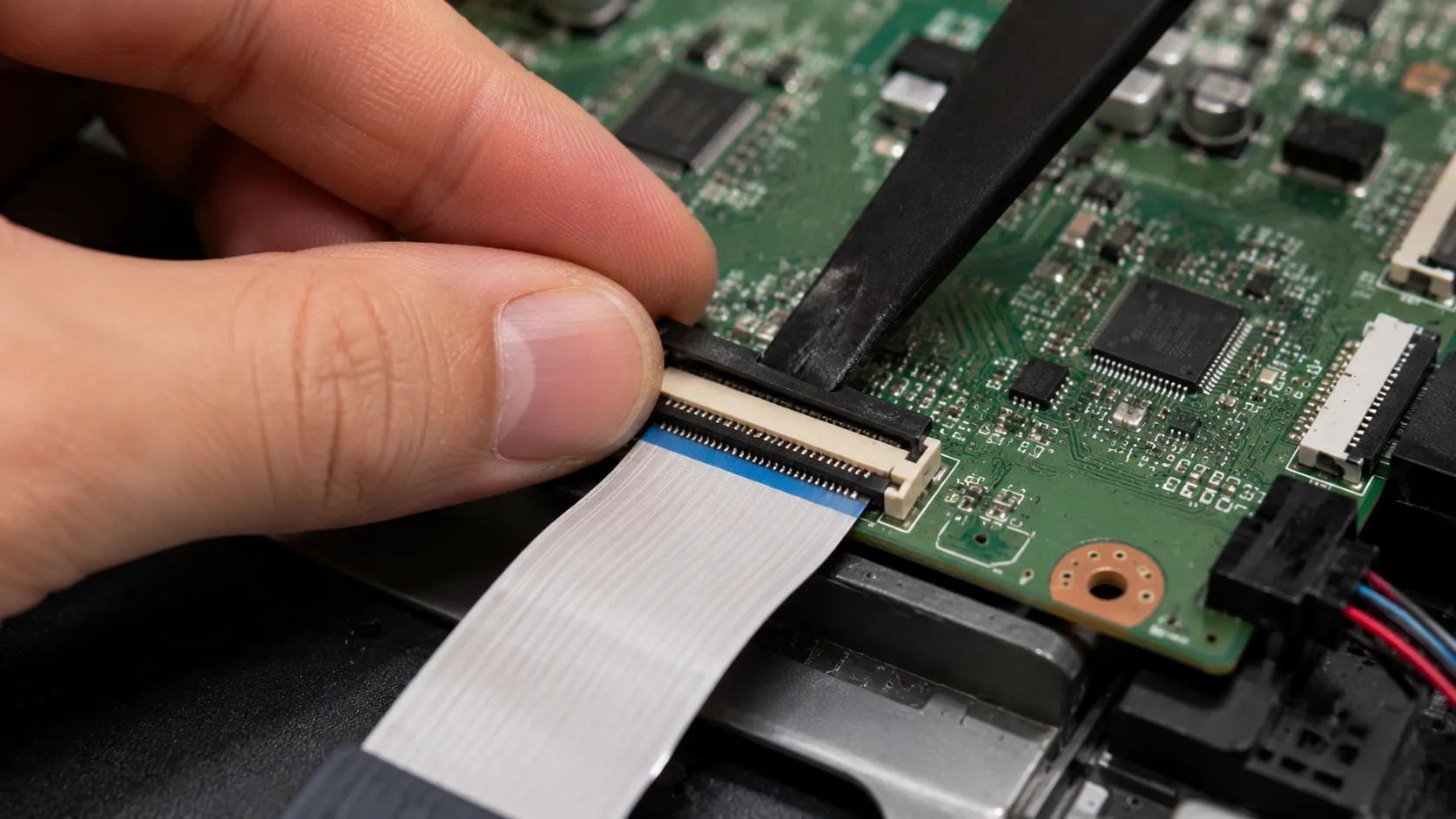 Close-up of a hand unclipping an LG TV ribbon cable connector with a plastic spudger during a main board replacement, showing the locking tab and partially released ribbon cable.