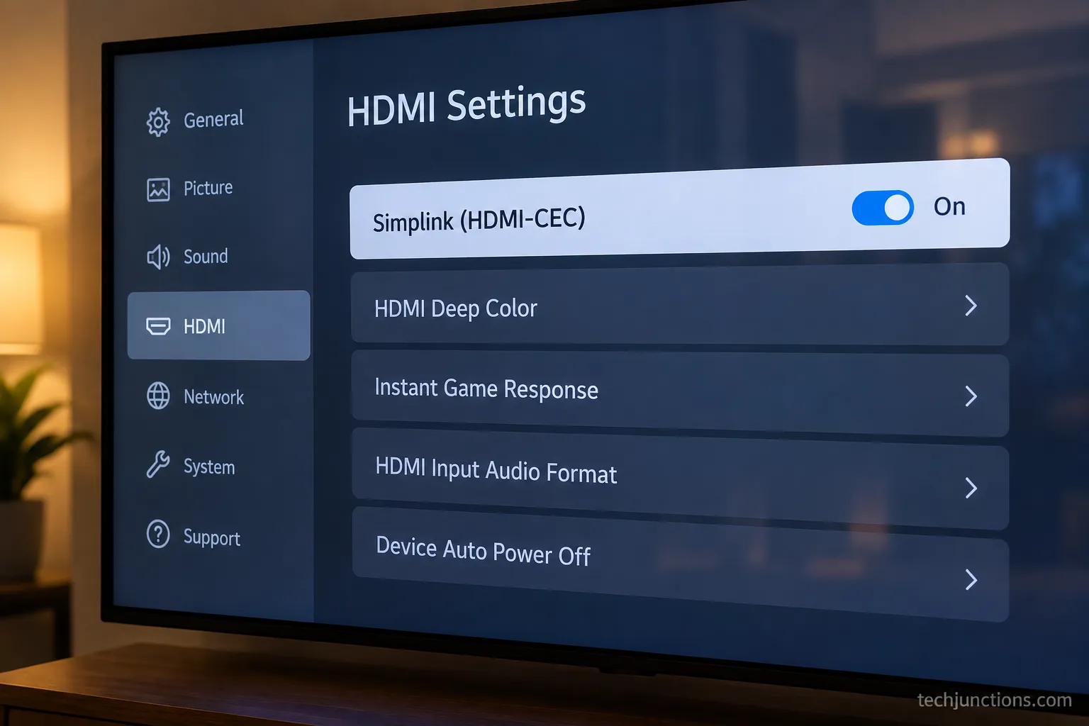 LG TV HDMI Settings with Simplink HDMI-CEC turned on for one-remote soundbar control.