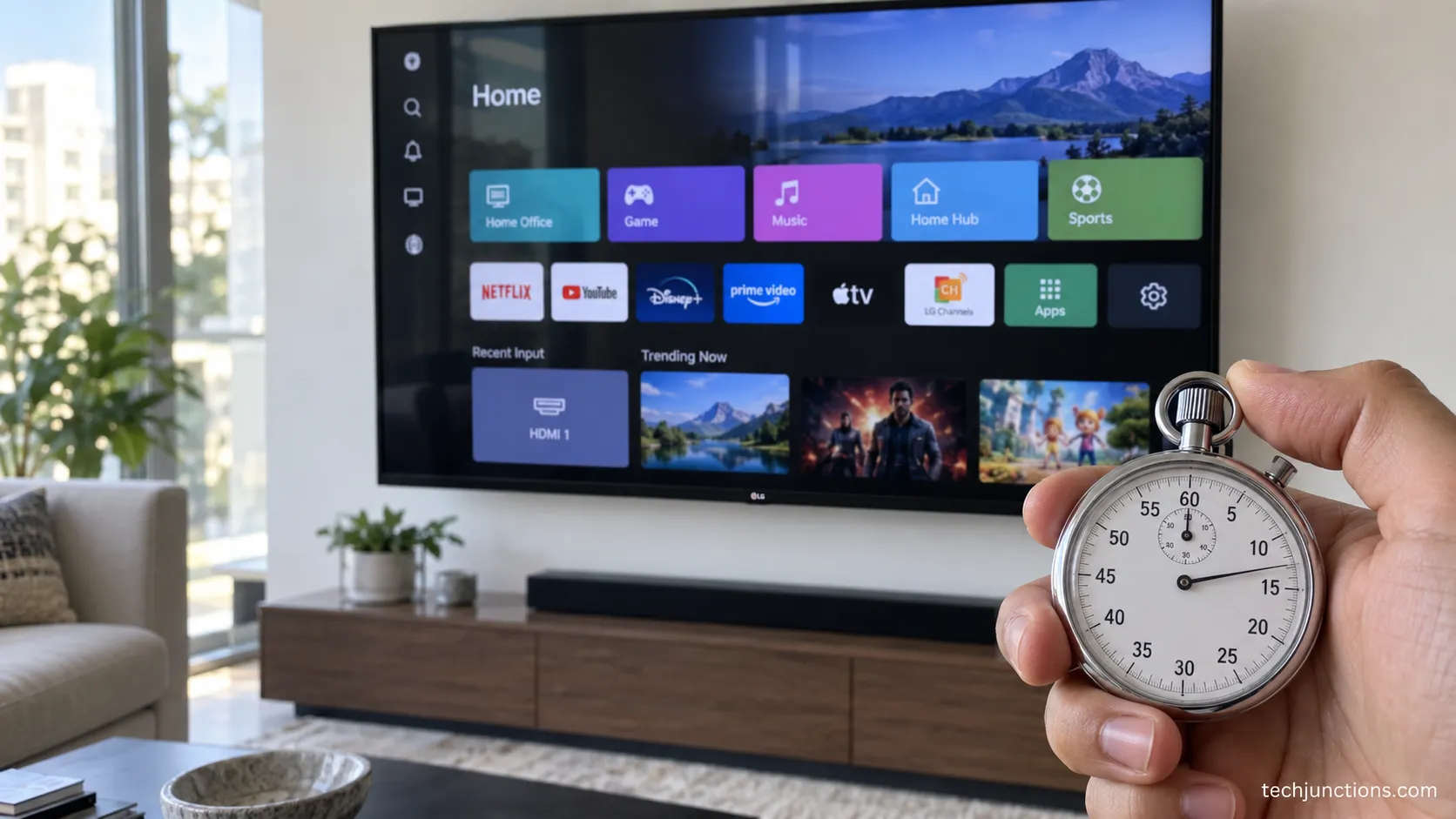 LG TV home screen returning after a soft reset with a stopwatch reading about fourteen seconds
