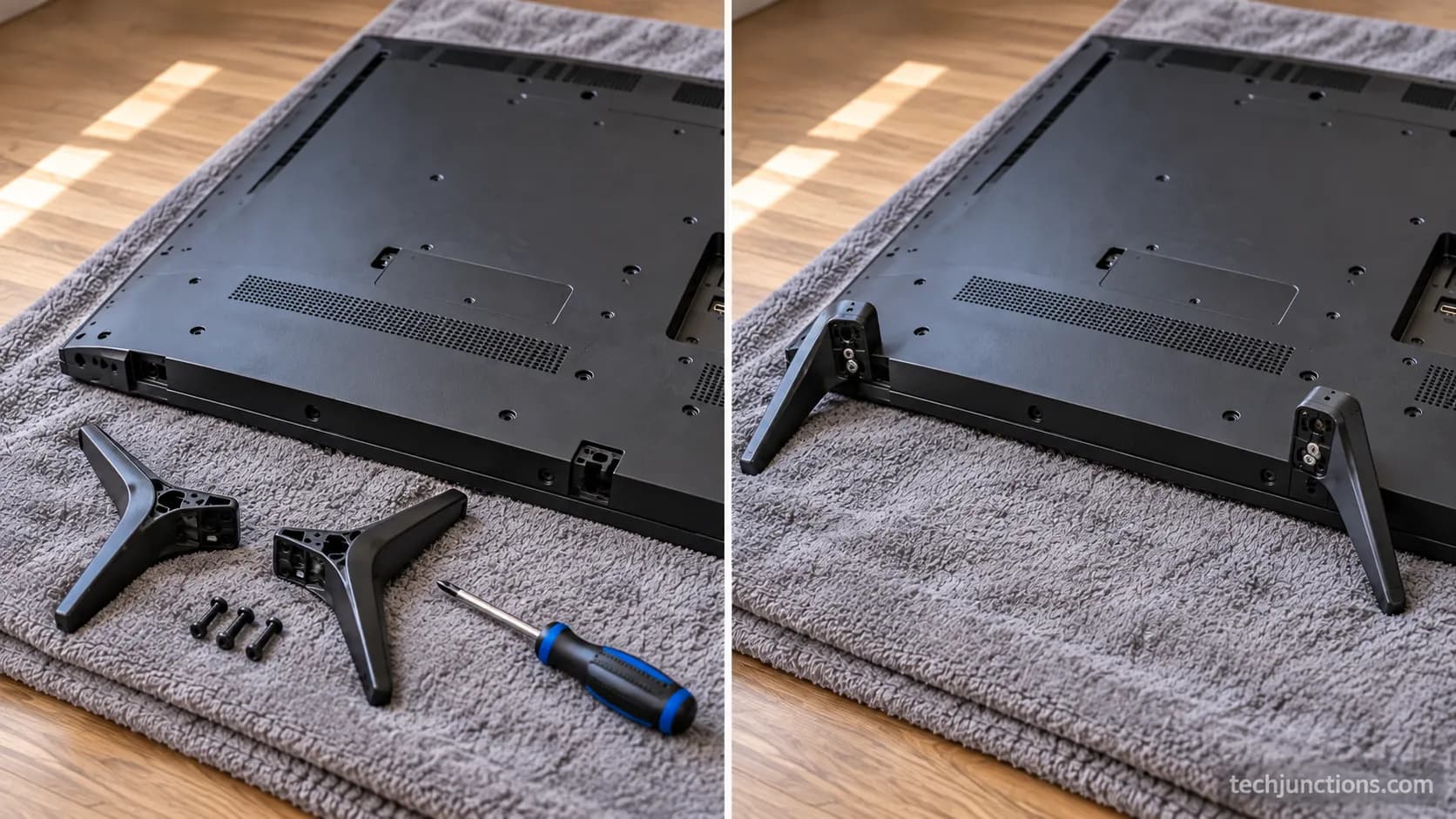 Before-and-after of the same LG TV with stand legs removed and then reattached on a blanket.