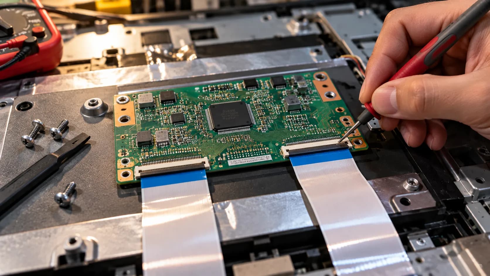 LG TV T-Con board and ribbon cable connector during a lines diagnosis.