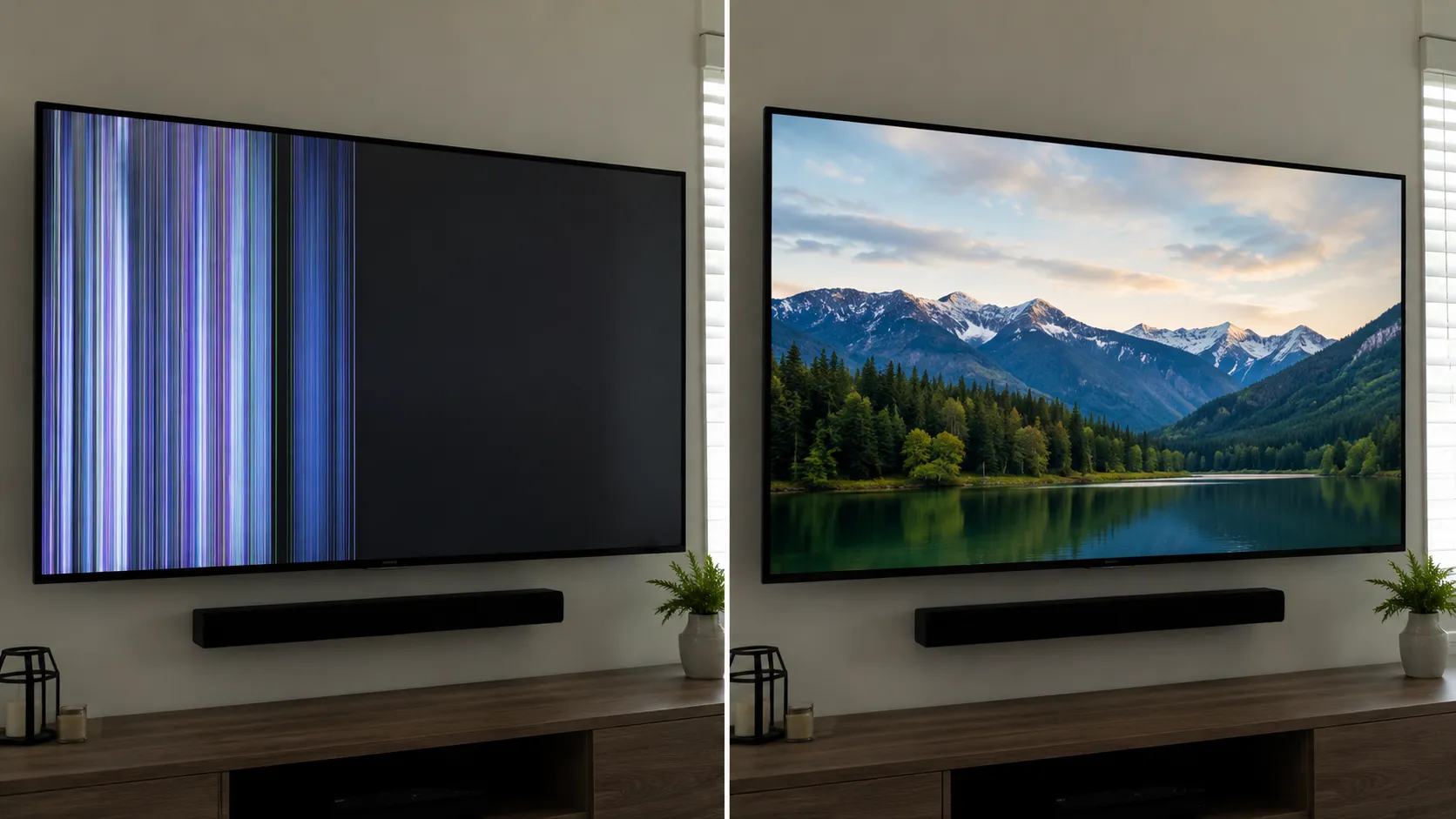 Before-and-after comparison of a 50-inch LG LED TV showing vertical lines on the left and a clear picture on the right after reseating the T-Con ribbon cable.