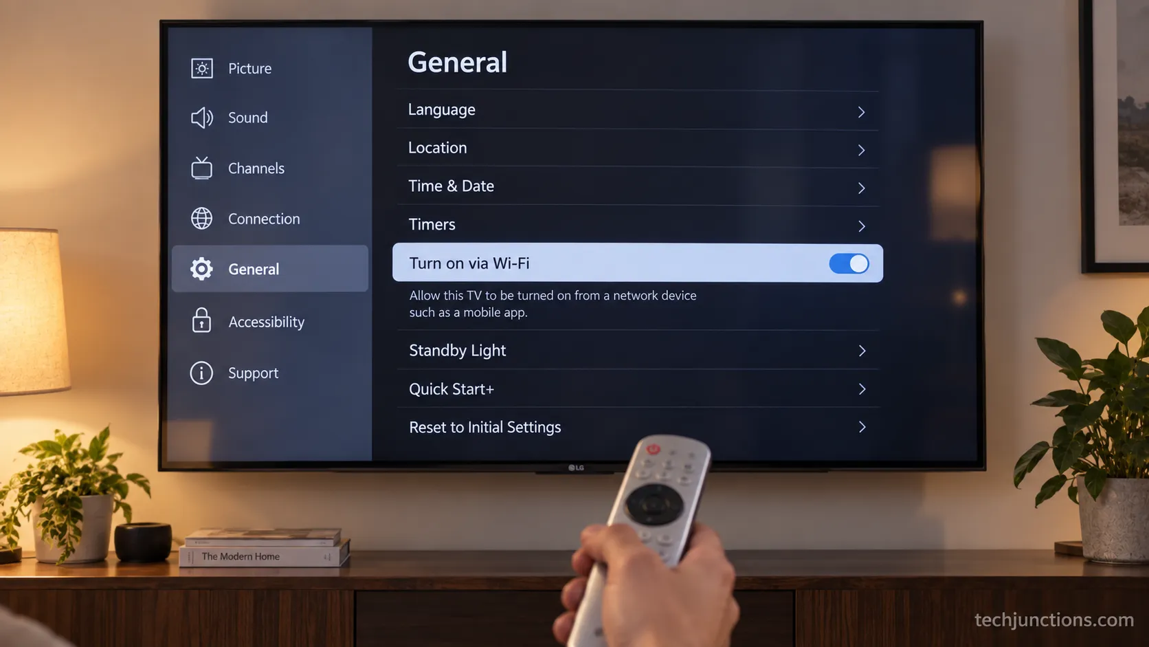 LG General settings screen with the network wake setting toggled on for Alexa power-on.