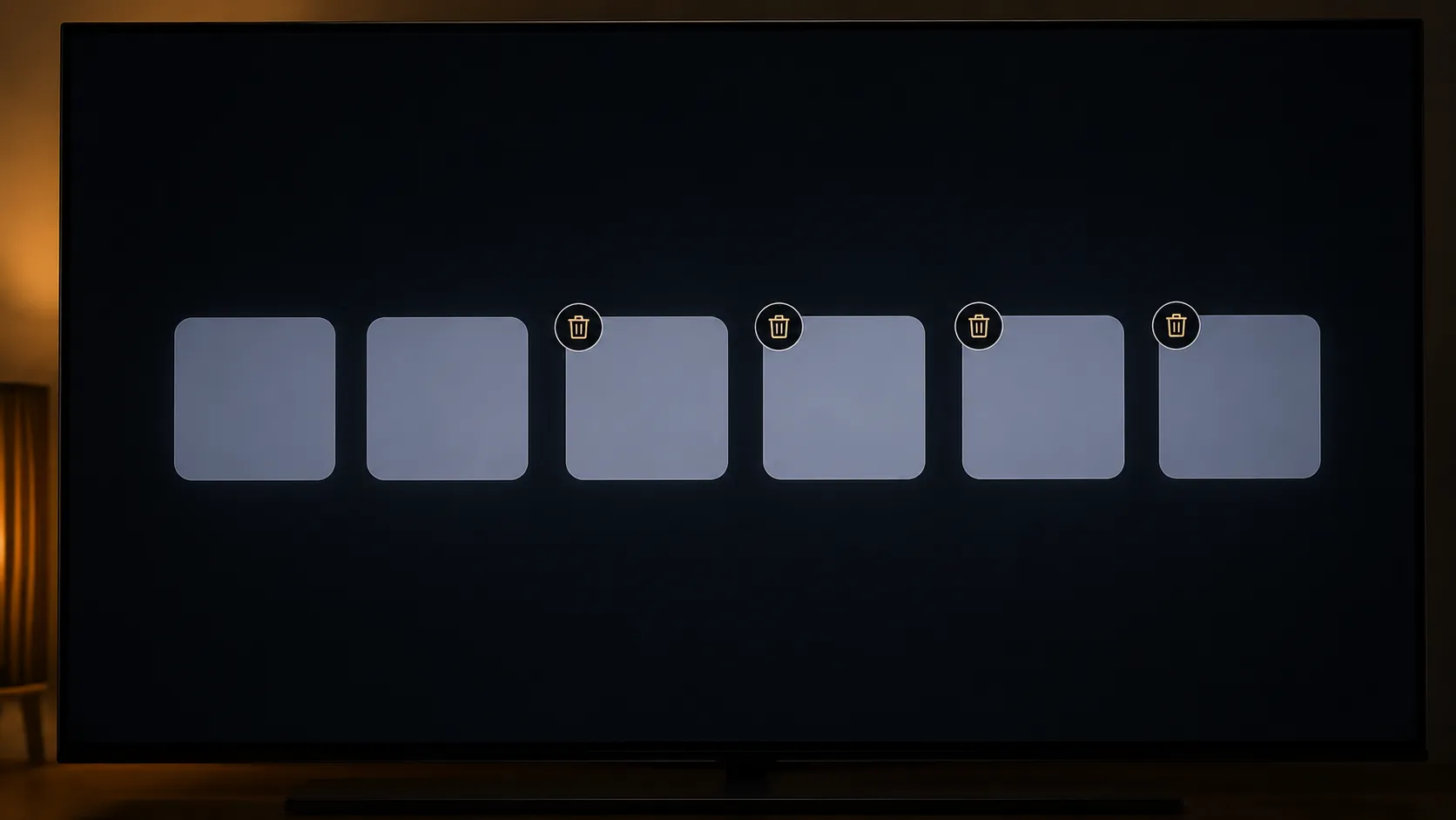 LG webOS launcher in Edit Mode showing delete badges above user-installed apps while the Netflix system app has no delete badge, indicating it cannot be uninstalled.