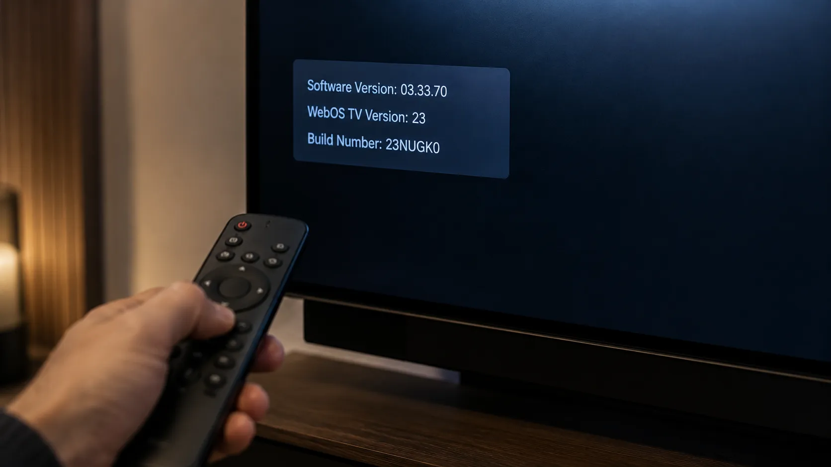 Hand holding an LG TV remote toward a webOS television displaying a version information overlay after the Mute button sequence, used to check the installed webOS version