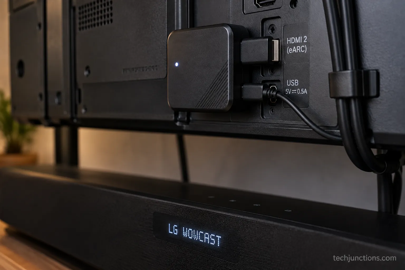 LG WOWCAST WTP3 dongle connected to a TV rear panel via HDMI and USB