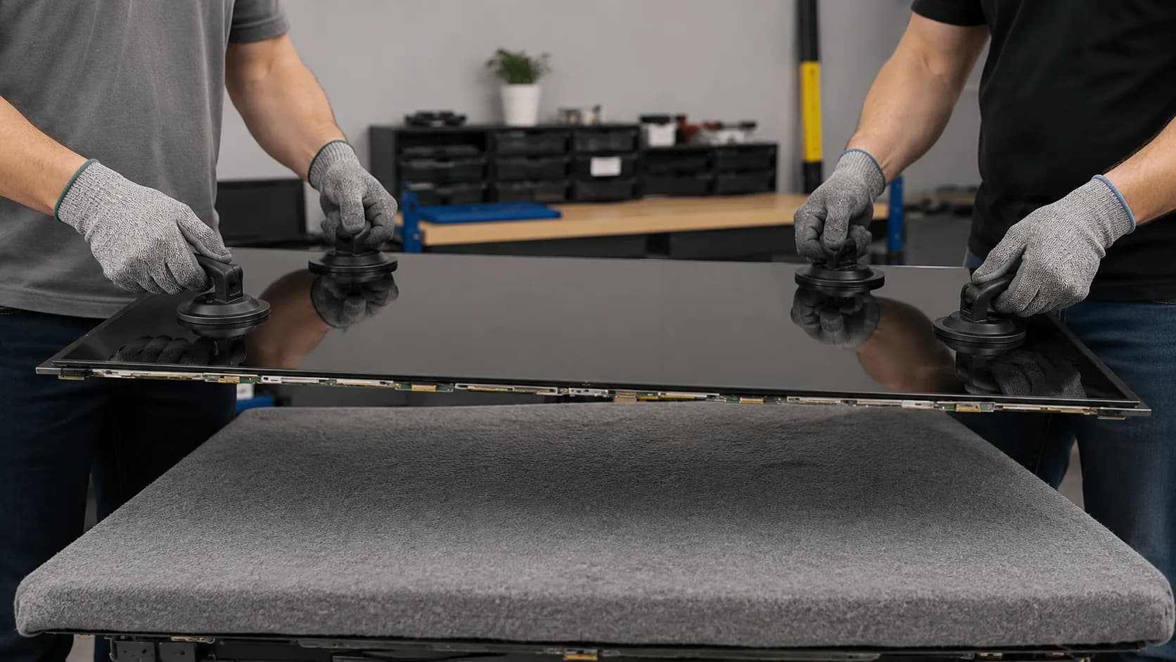 Two technicians wearing cut-resistant gloves lift a bare open-cell TV panel with suction cups over a padded workbench in a repair workshop, demonstrating safe screen handling.