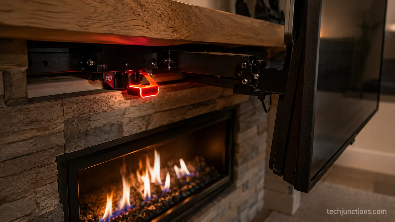 MantelMount MM540 heat-sensor handle glowing red above a lit fireplace.