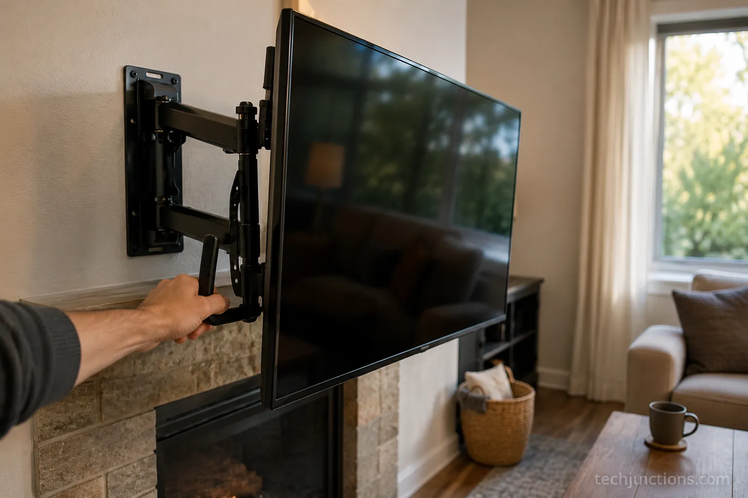 MantelMount pull down TV mount lowered to eye level by hand in a living room