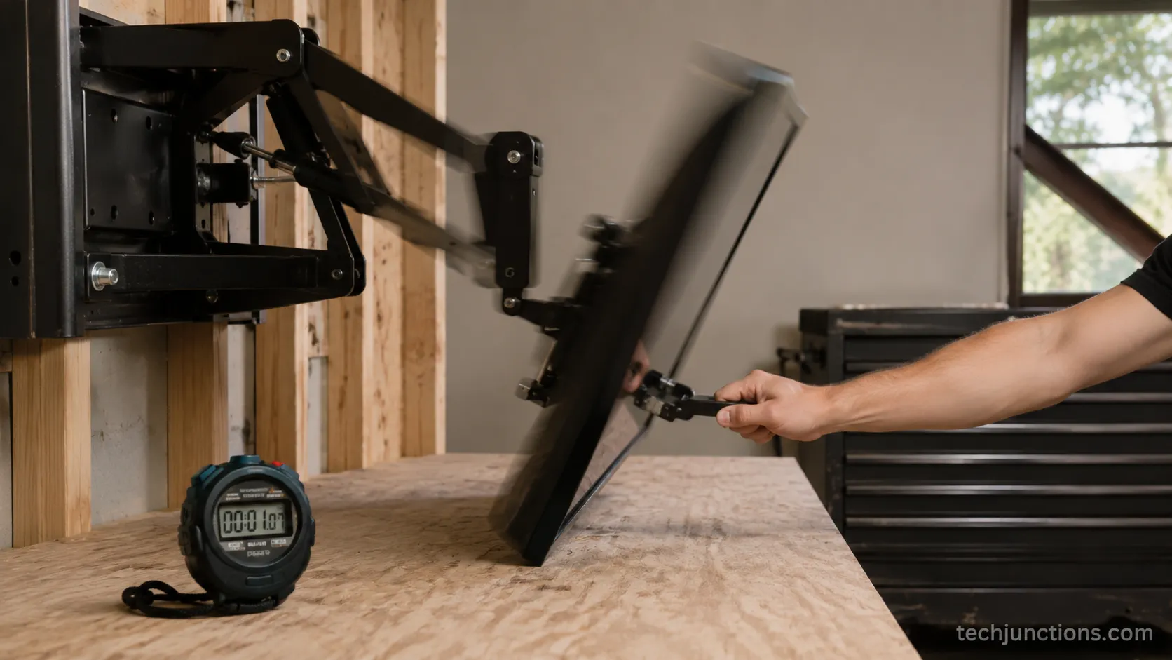 A hand pulling a manual gas-spring TV mount down with a stopwatch on the bench.