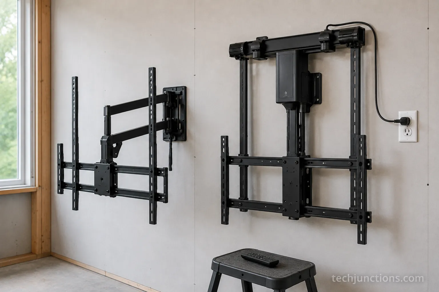 Manual gas-spring pull down TV mount beside a motorized model on one wall