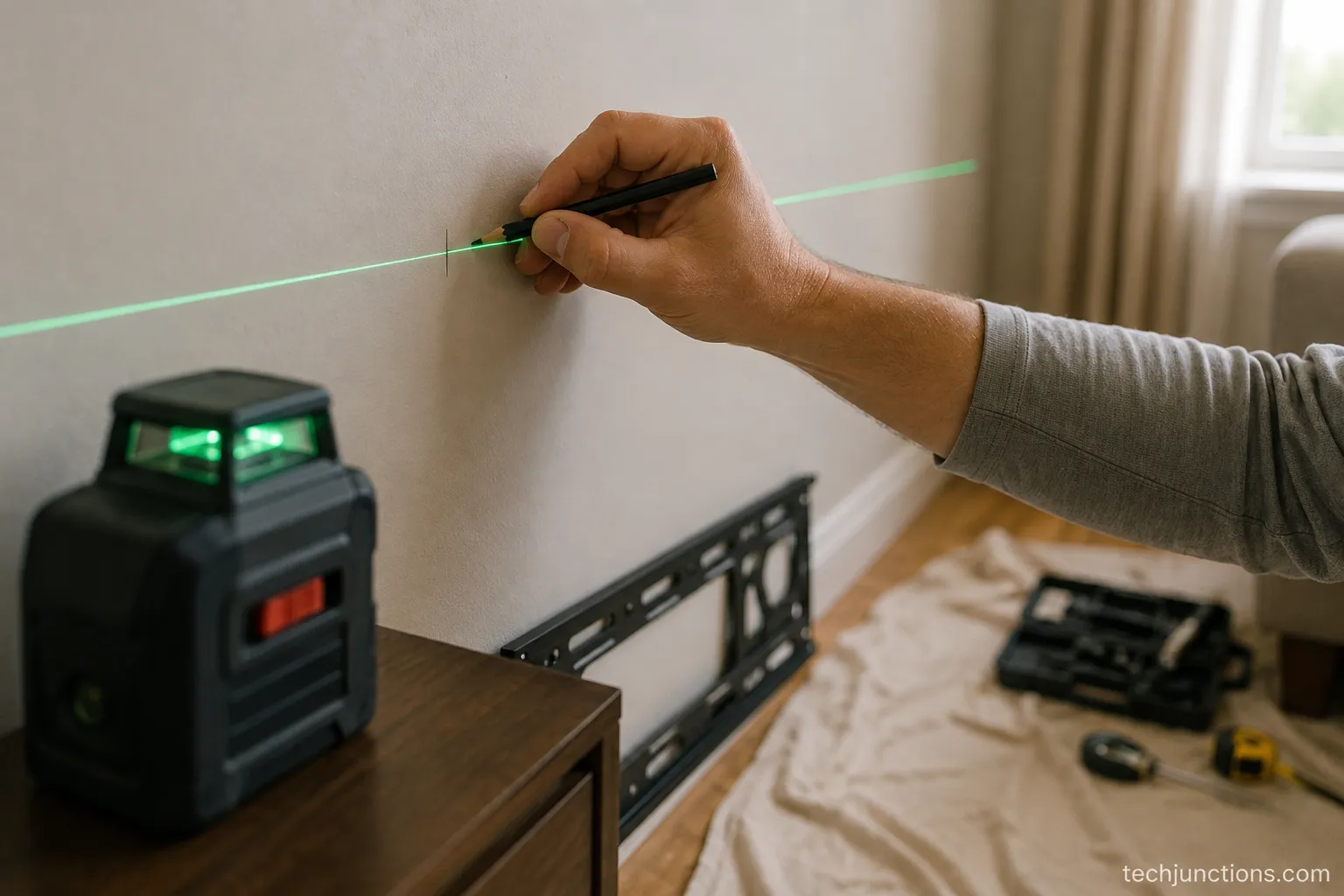 Marking the bracket line on a wall with a laser level at the calculated TV mount height