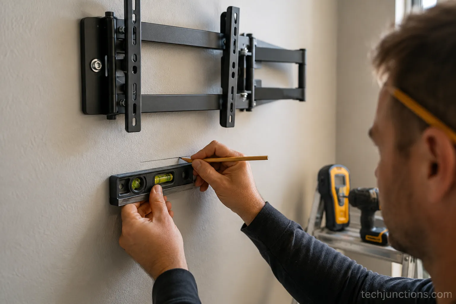Installer marking the bottom-edge line on a wall with the TV mount bracket attached.