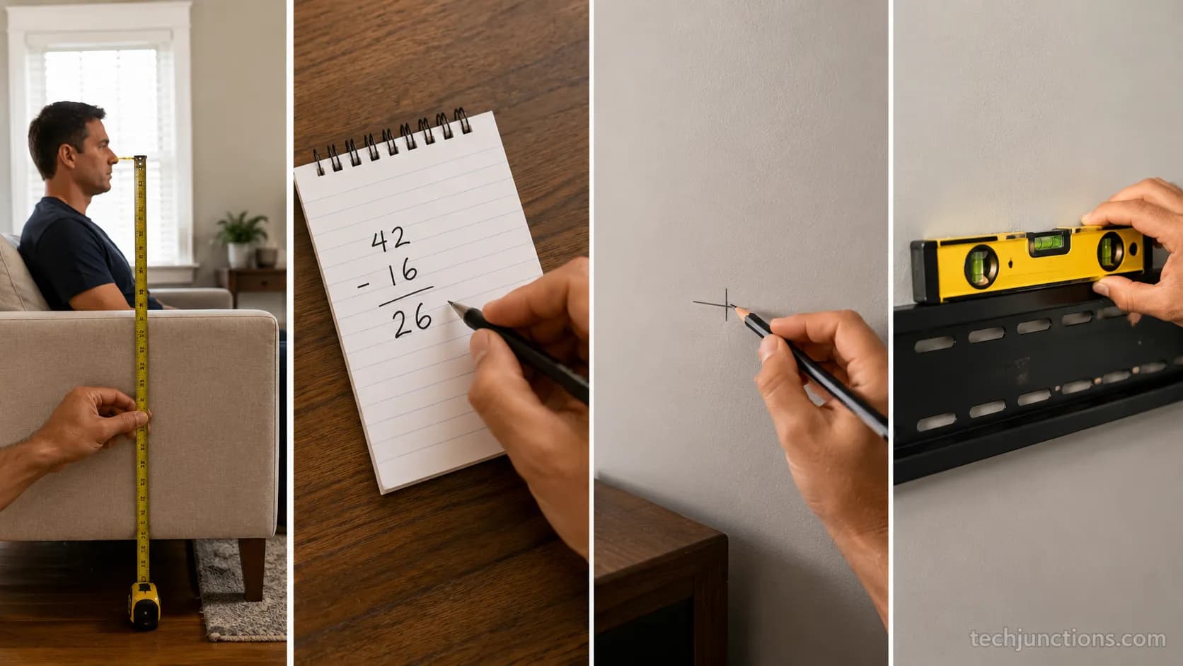 Step by step photos of measuring and marking TV mount height