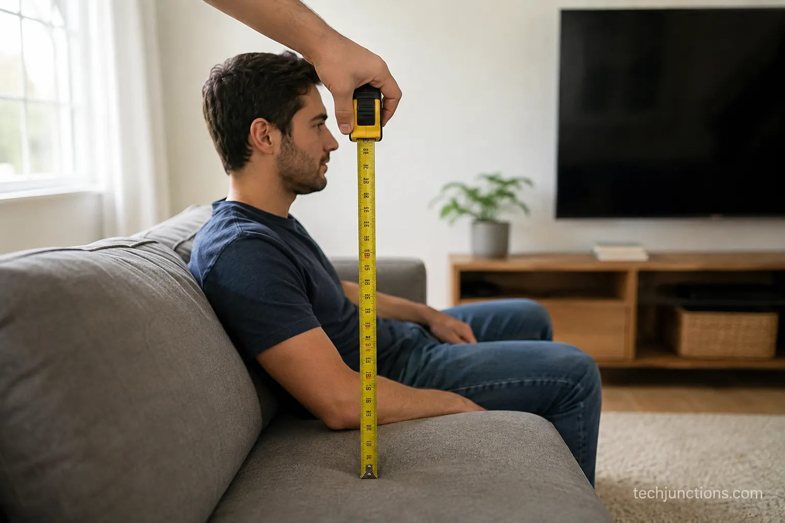 Measuring seated eye level from the floor with a tape measure to set the TV mount height.
