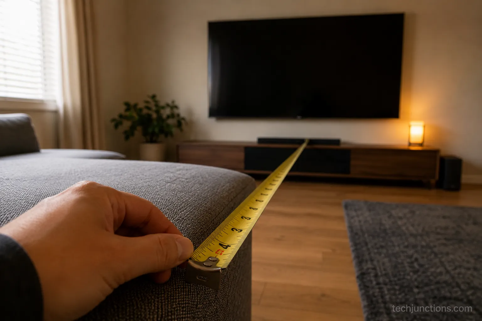 Hand holding a tape measure from a sofa to a wall-mounted 65-inch 4K TV to check viewing distance.