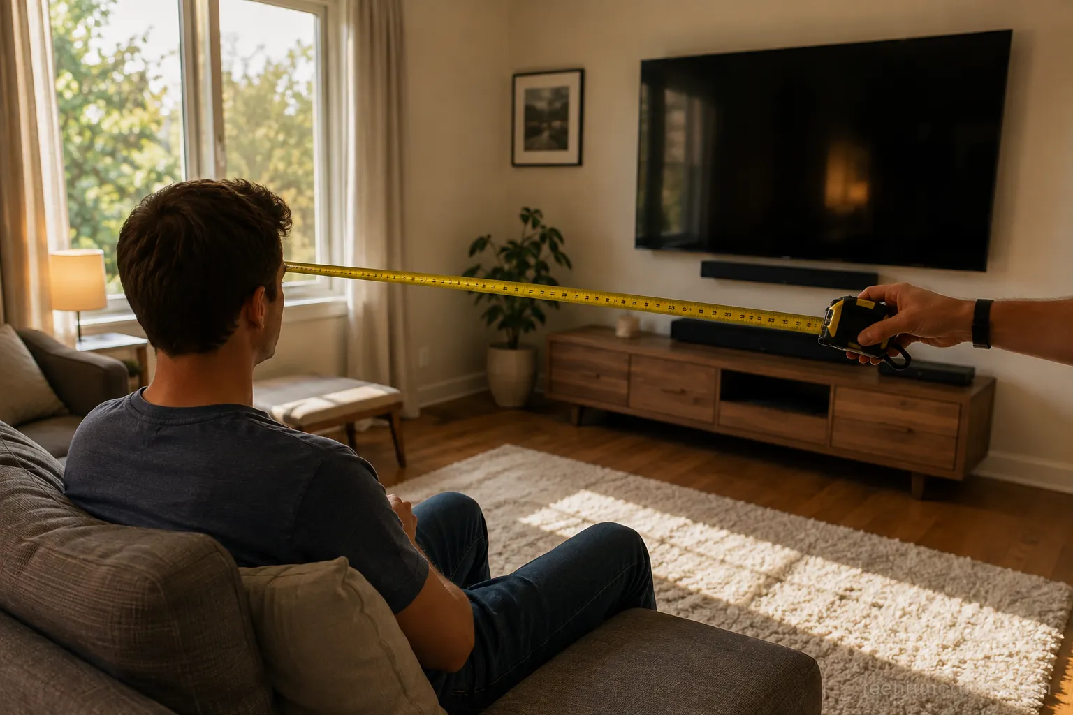 Tape measure held from a seated viewer's eye level to the TV wall to measure 4K viewing distance correctly.