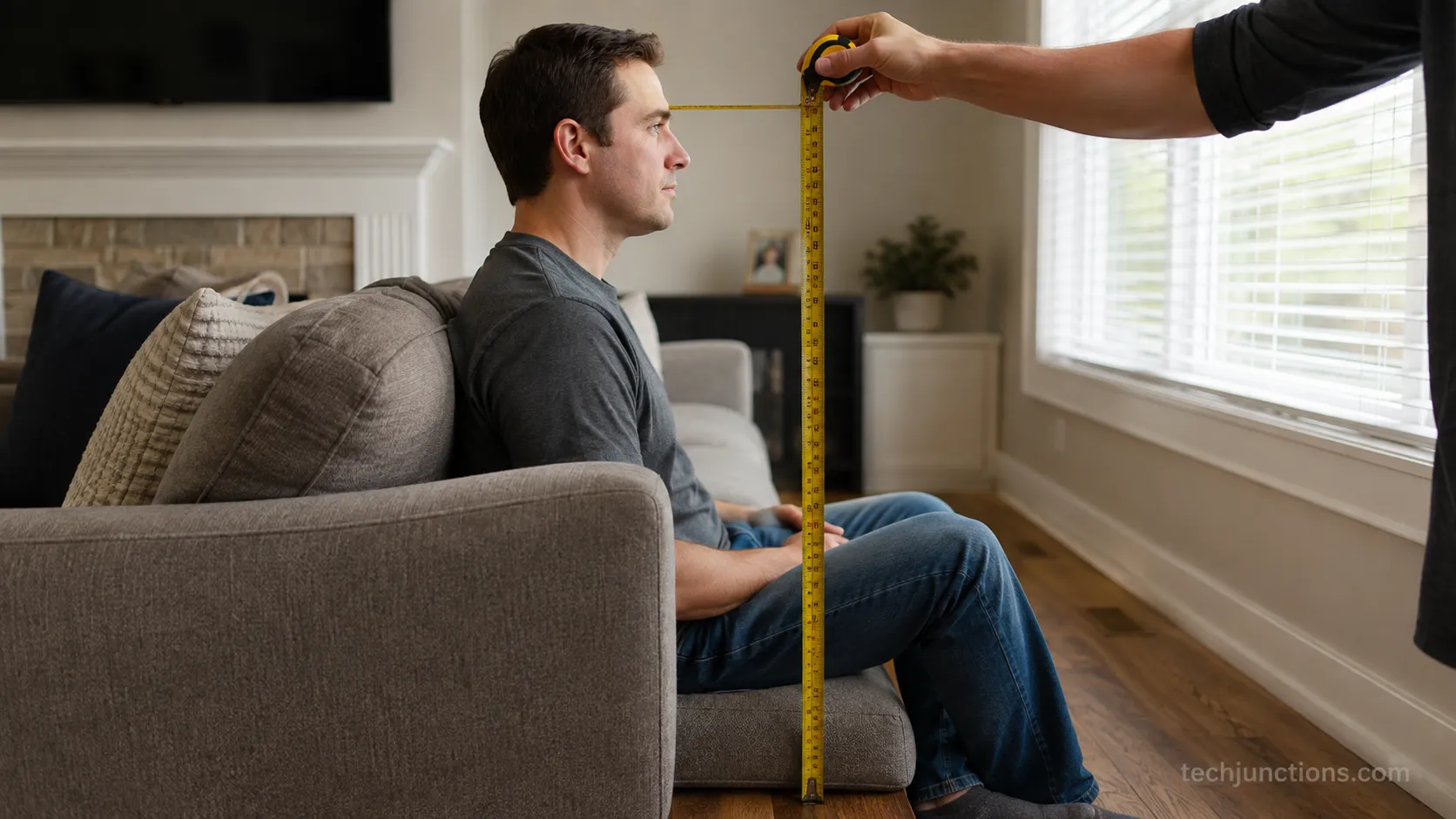 Measuring seated eye level from the floor for TV mount height on a sofa
