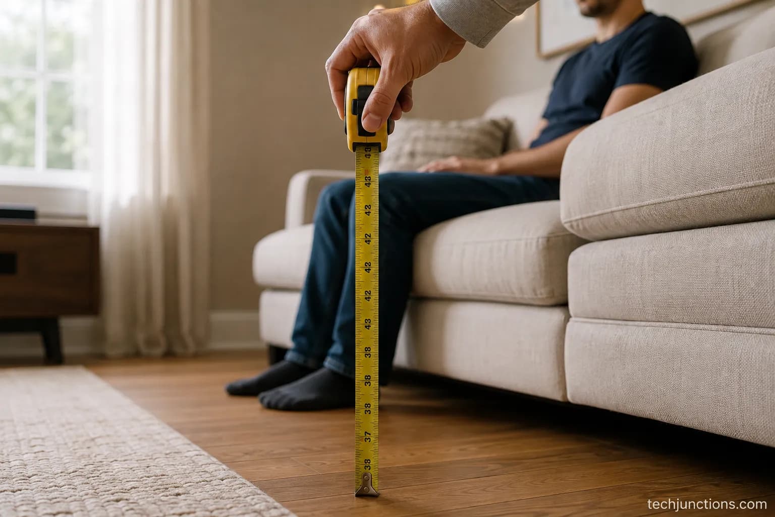 Hand measuring seated eye height with a steel tape in a living room to set TV center height