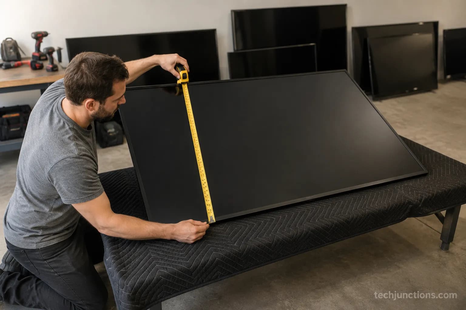 Home-theater tester measuring the panel height of a 75 inch TV with a tape measure during a by-size test.