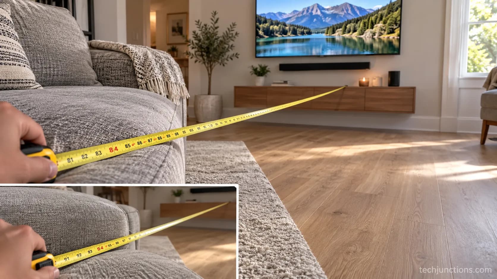 Tape measure comparing front and back cushion readings when measuring tv viewing distance on a sofa.