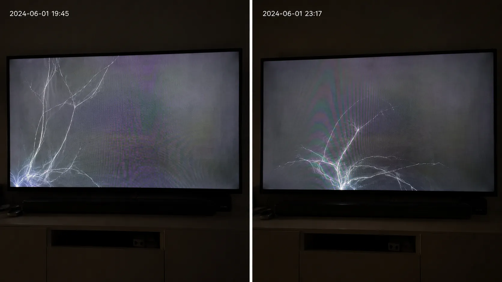 same TV screen two power cycles apart with the fault pattern in a different spot, showing a display fault rather than a crack.