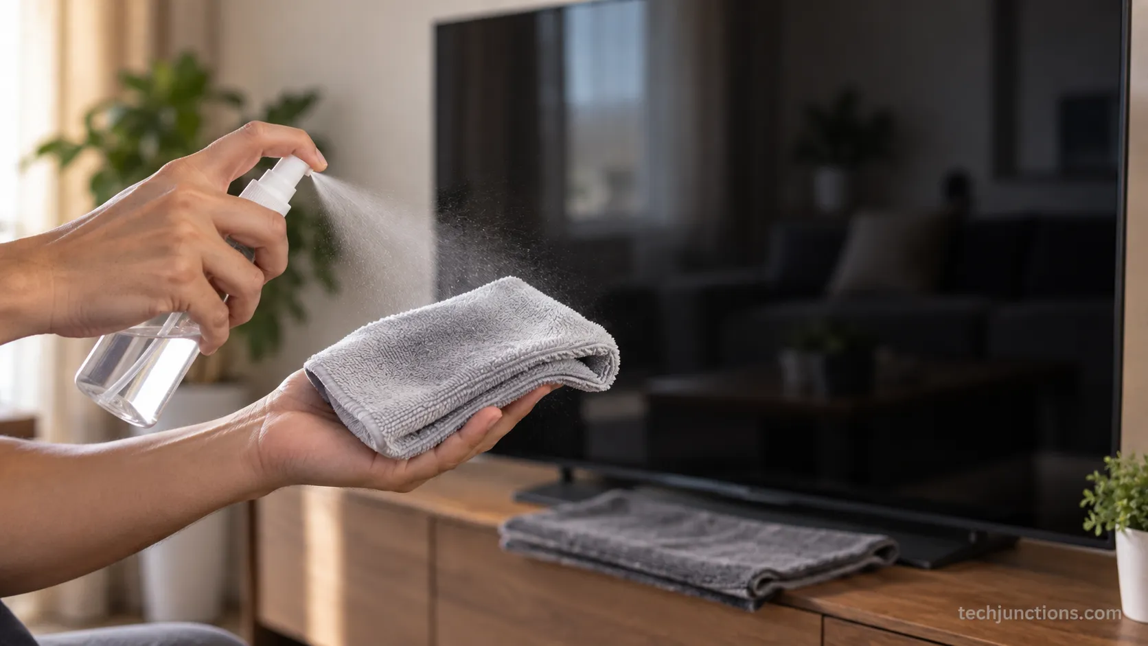 Misting distilled water onto a microfiber cloth held away from an LG OLED screen.