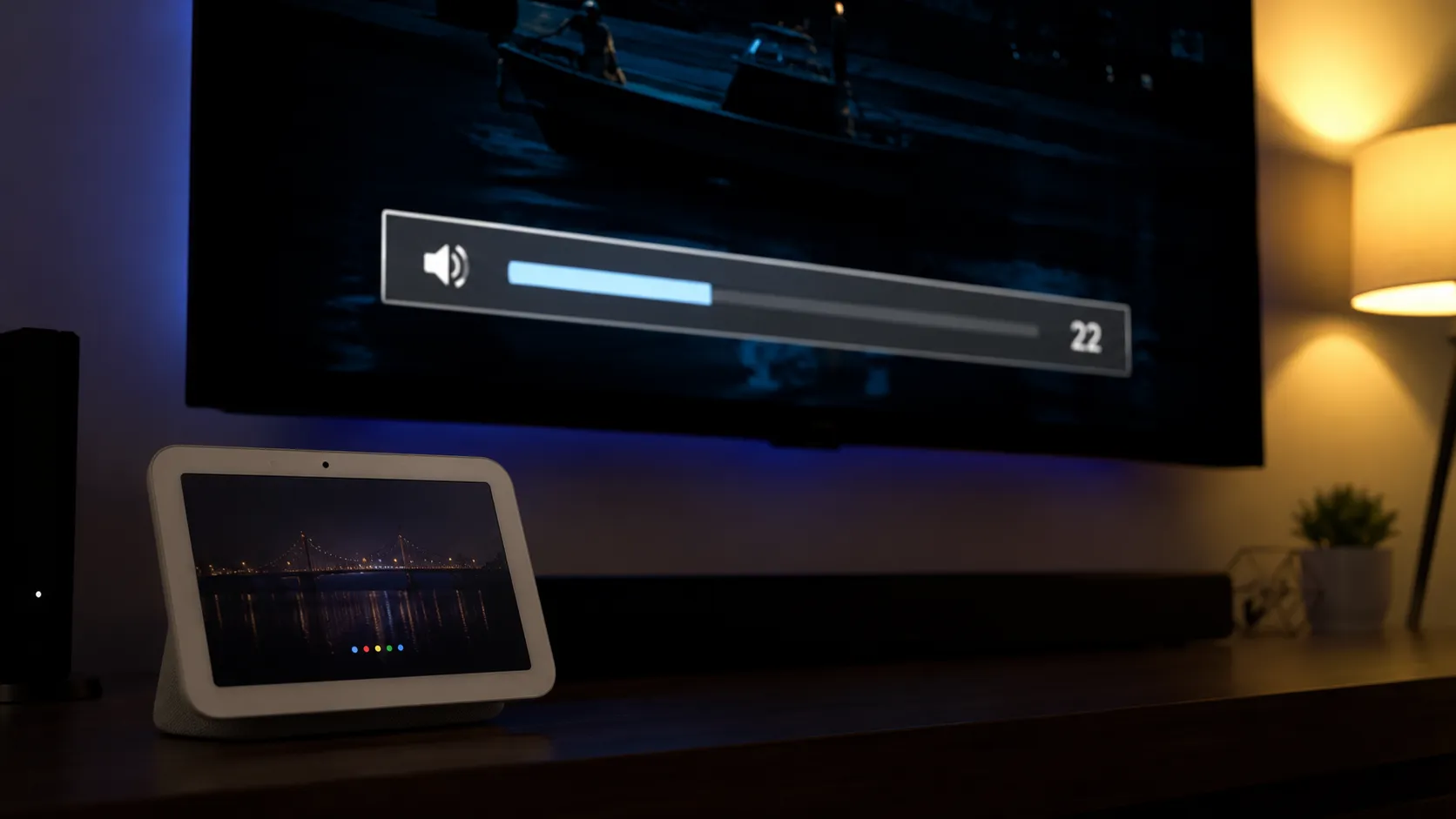 Google Nest Hub controlling the volume of a Samsung QN85D TV by voice, with the television displaying a volume level overlay in a softly lit evening living room.