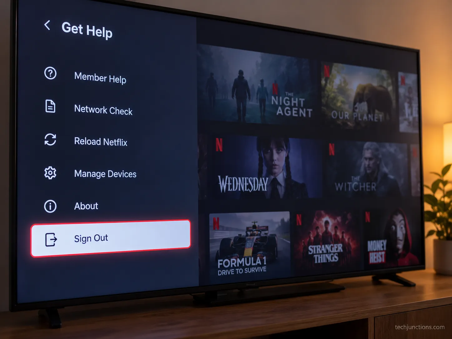 Netflix Get Help menu on a Samsung TV with the Sign Out option highlighted.