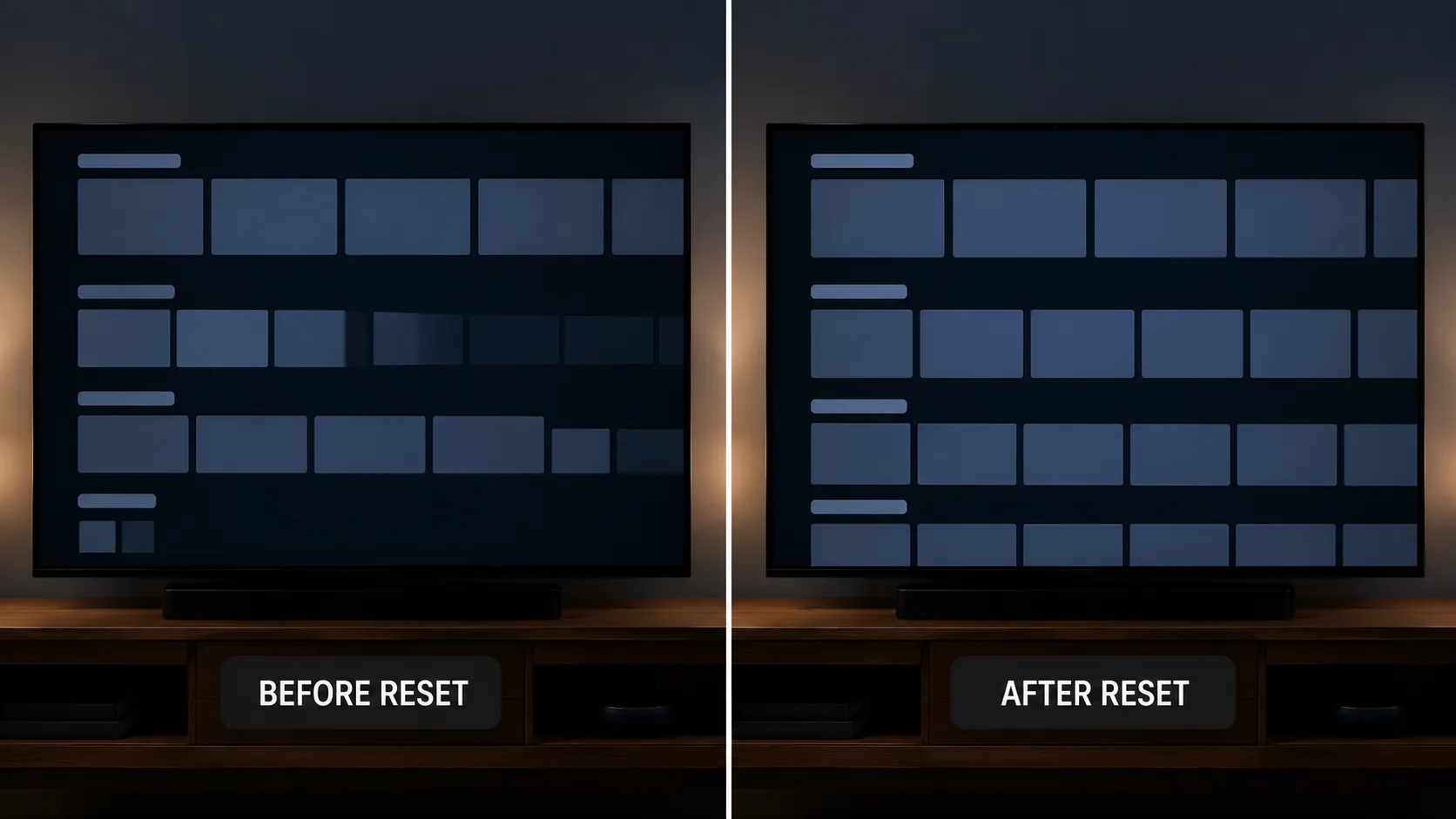 Side-by-side comparison of the Netflix home screen on an LG Smart TV before and after a cache reset, showing a stalled interface versus a fully rebuilt and properly rendered layout.