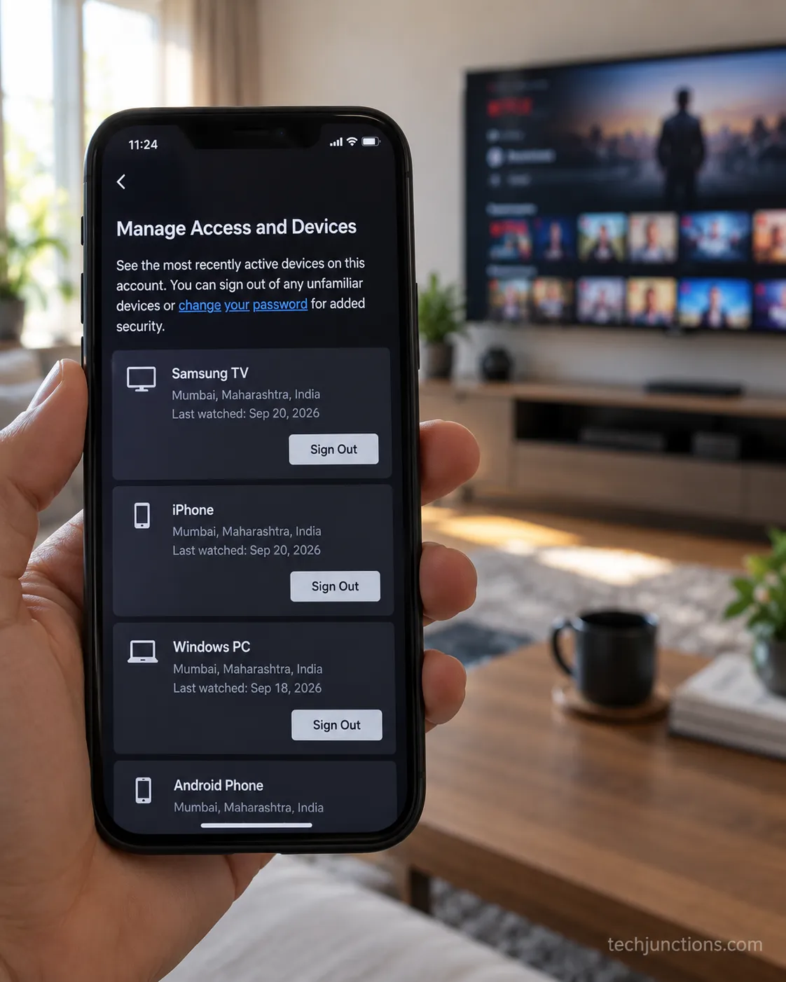 A phone showing the Netflix Manage Access and Devices page with a Samsung TV sign-out button