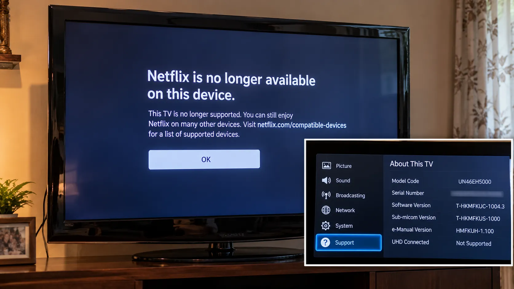 Older Samsung TV showing the Netflix no longer available banner with a model-number screen inset.