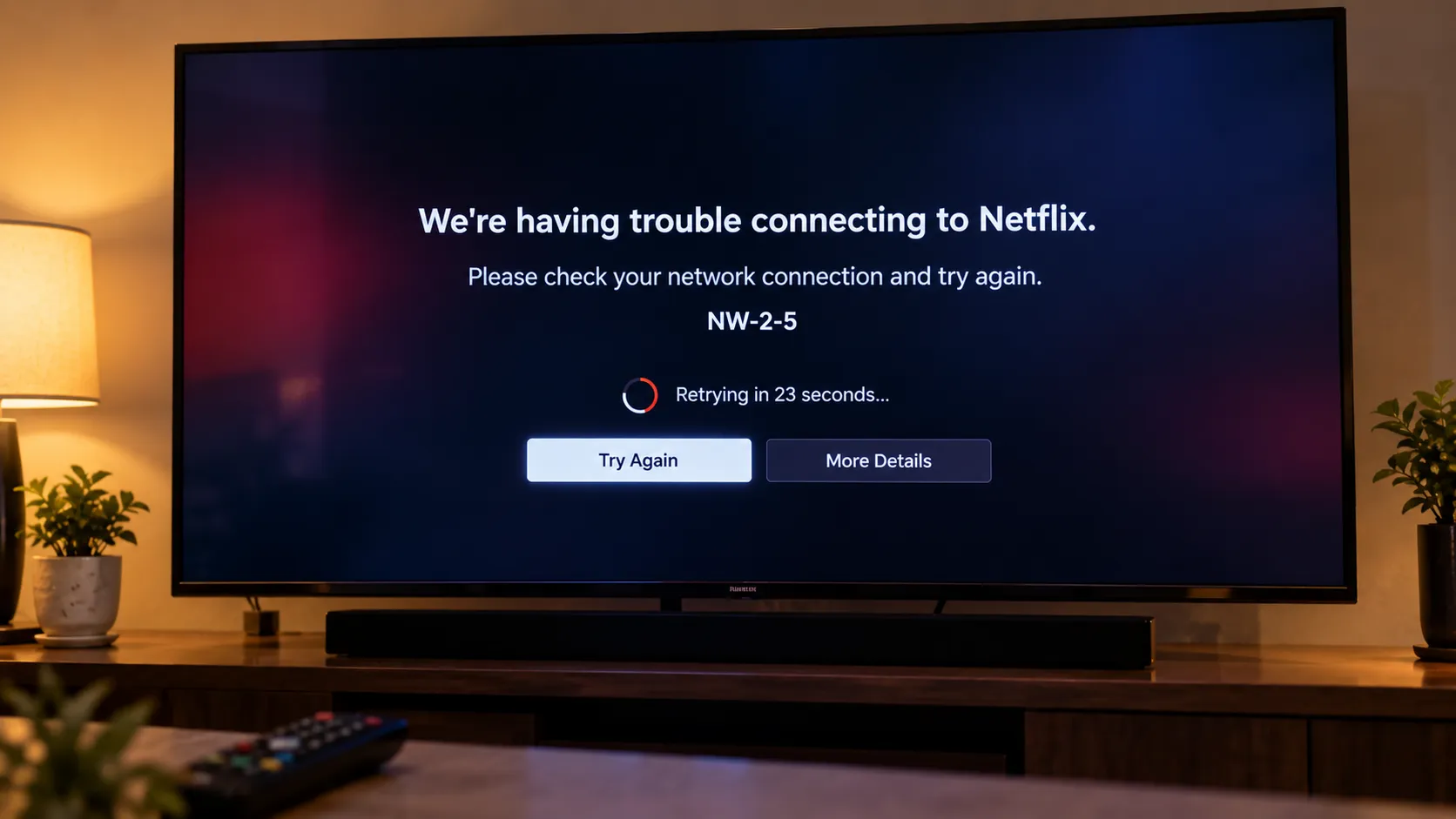 Samsung TV showing the Netflix NW-2-5 network error with a retry countdown on screen.
