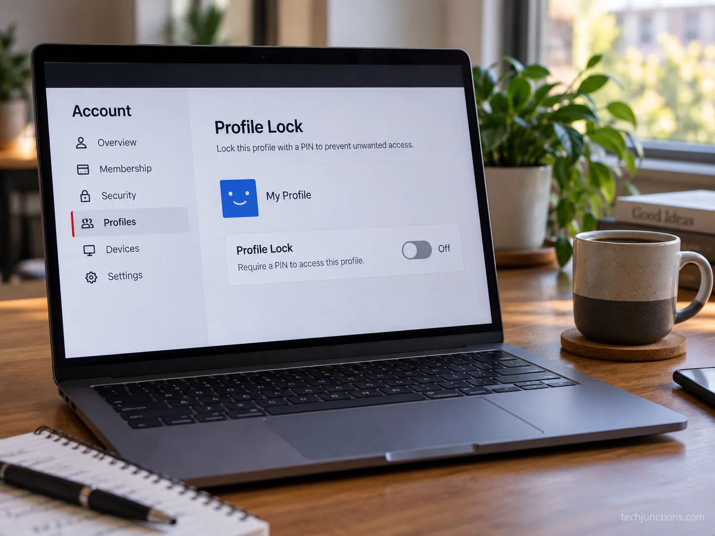 A laptop showing the Netflix Profile Lock setting switched off.