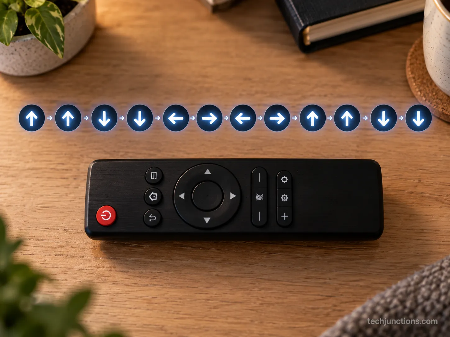 A TV remote with a twelve-arrow sequence showing the Netflix hidden sign-out code.